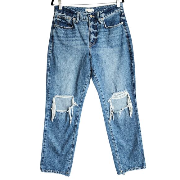 GOOD AMERICAN Good Vintage High Rise Straight Leg Jeans Size 6 Indigo Distressed - Picture 2 of 12